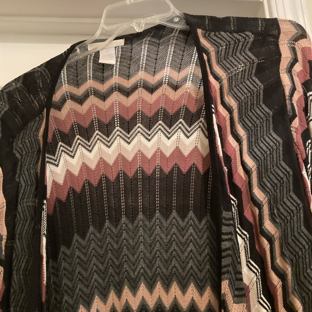 Womens Black and Pink Zigzag Open Front Cardigan